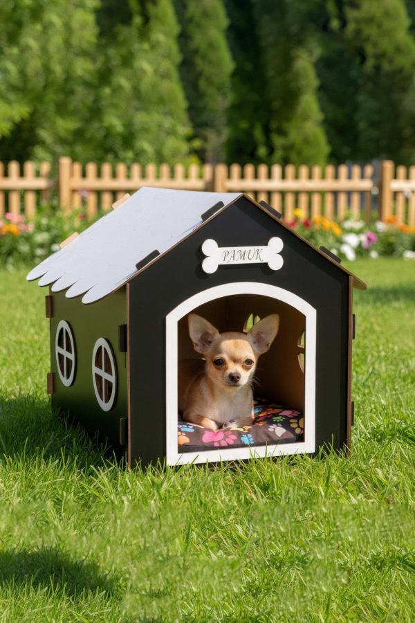 Ahşap Özel İsim Baskılı Dekoratif Köpek Evi-Kulübesi, Küçük Irk Köpekler İçin Kulübe, Köpek Kulübesi Siyah - Image 1