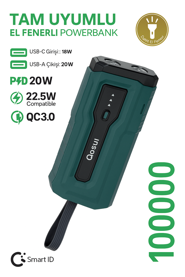 10000 mAh Powerbank El Fenerli Taşınabilir Hızlı Şarj Cihazı| PD 20W QC3.0 Destekli - Image 1