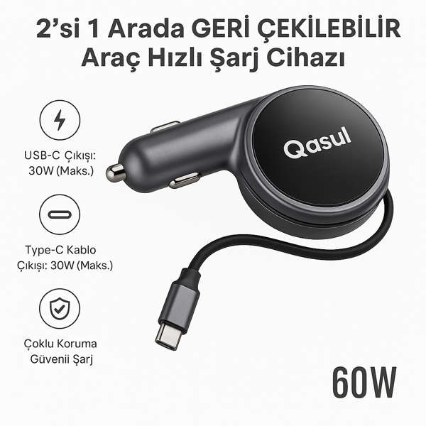 2’si 1 Arada Geri Çekilebilir Kablolu Araç Hızlı Şarj Cihazı – 60W - Image 1