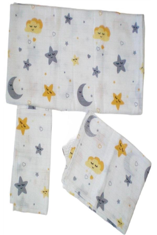 More Home Müslin Bezi Set 5 Parça 90x90  % 100 Pamuklu Yıldılı Kalpli Açık Gri - Image 1
