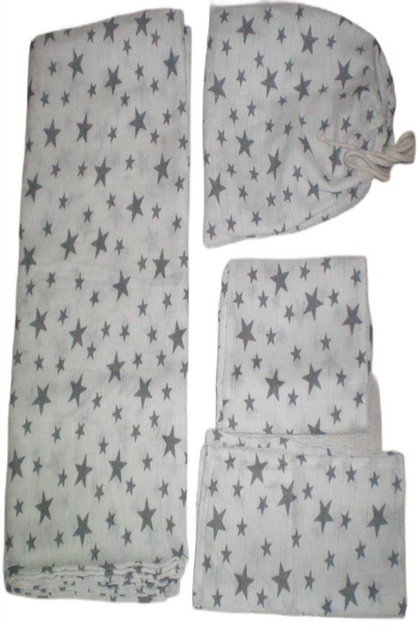 More Home Bebek Müslin Bez Battaniye Set 6 Parça 90x90 Gri Yıldızlı - Beyaz - Image 1