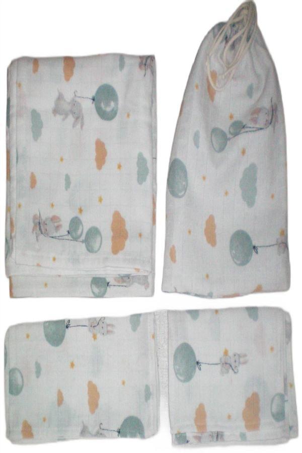 Müslin Bezi Bebek Set 6 Parça 100 % 90x90 Pamuklu Tavaşanlı Bulut Gri - Beyaz - Image 1