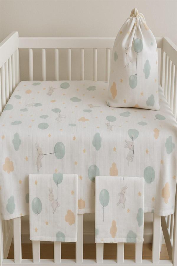 Müslin Bezi Bebek Set 6 Parça 100 90x90  % Pamuklu Bulut Filli Gri - Beyaz - Image 1