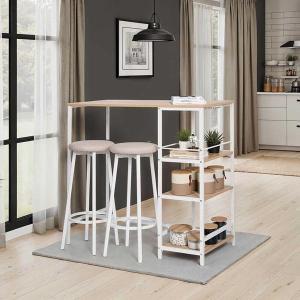 Step-Up 2 Tabureli Yüksek Ayaklı Raflı Mutfak Masa Takımı - Beyaz 100x50x100 - Image 1