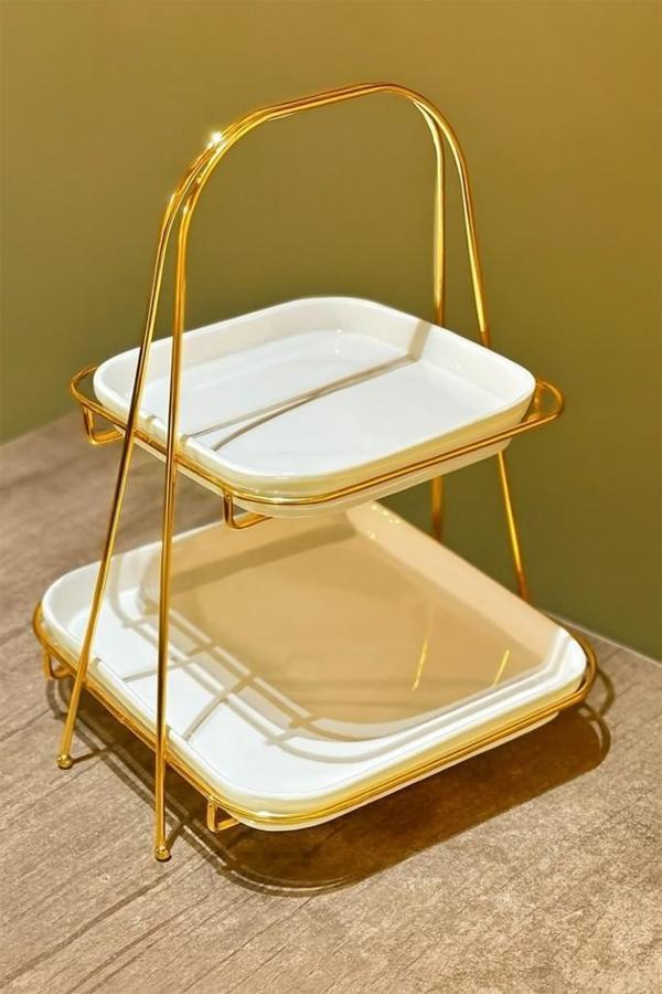 2 Katlı Kare Gold Metal Standlı Mika Sunumluk Şekerlik Lokumluk Kurabiyelik - Image 1
