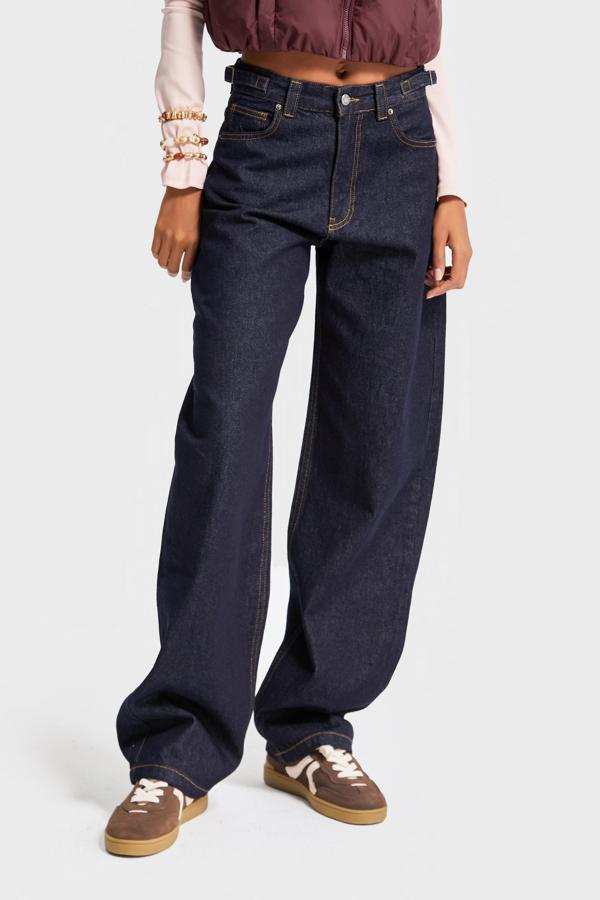 Kadın İndigo Renk Lotus 7w5-50 Baggy Fit İç Boy 83cm Kemer Detaylı %100 Koton Denim Jean - Image 1