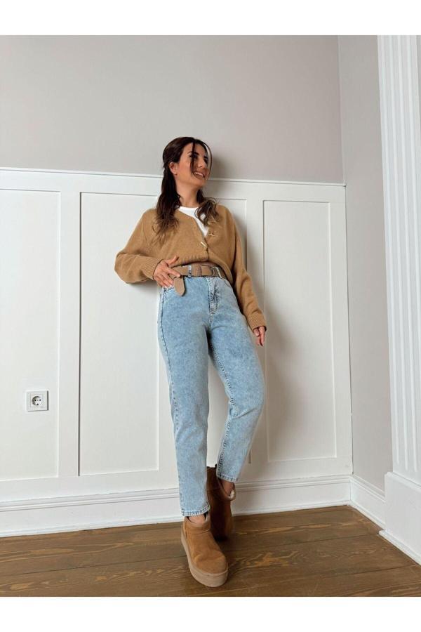 Mooishan Jnswrld Mavi Mom Jeans Likralı Yüksek Bel Mavi Kar Yıkamalı Mom Kot - Image 1