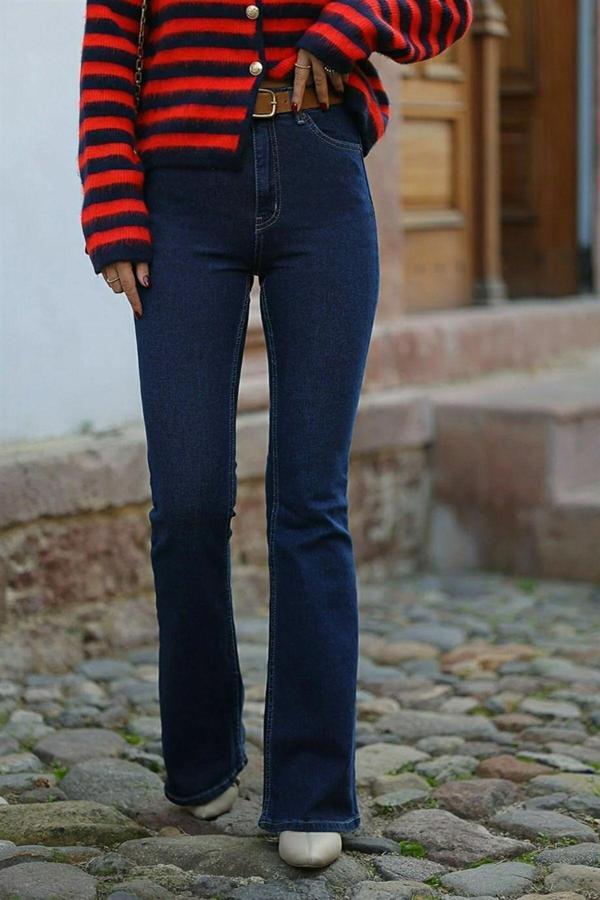 Kleshus Ganikus Kadın Flare Lacivert İspanyol Paça Yüksek Bel Comfort Likralı Jeans Kot Pantolon - Image 1