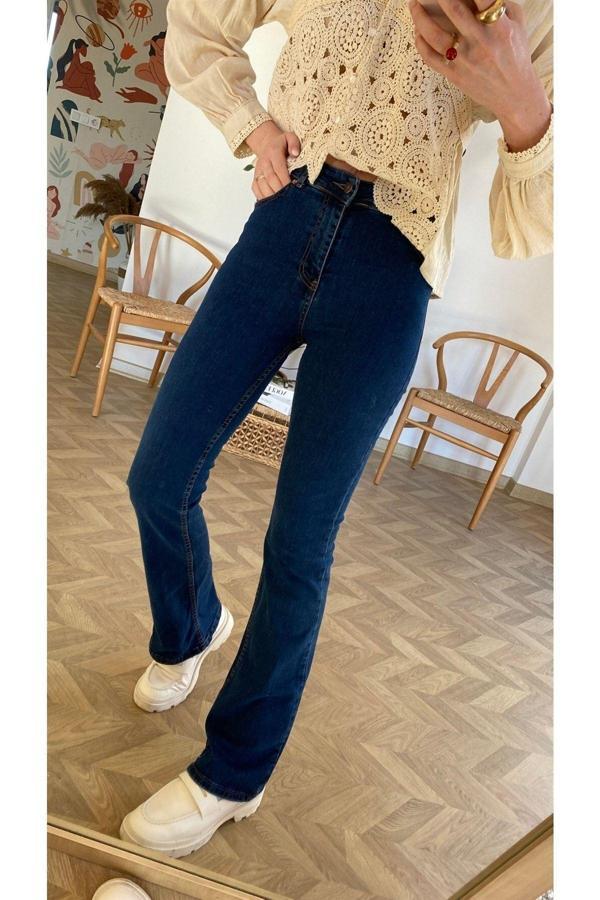 Mooishan JnsWrld Yüksek Bel Lacivert Ispanyol Paça Pantolon Likralı Esnek Jeans JnsWrld - Image 1