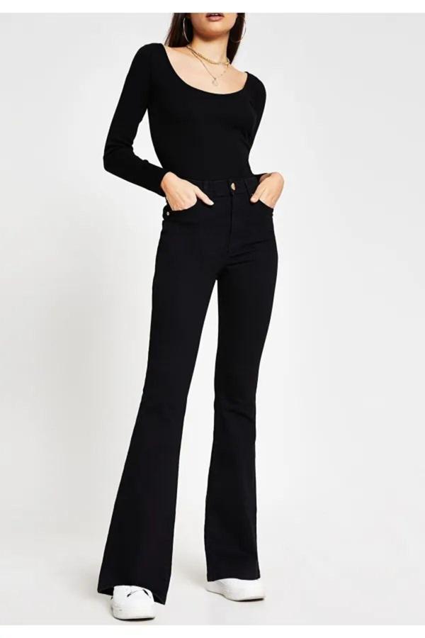 Mooishan Ispanyol Paça Solmayan Siyah Jean Pantolon - Image 1