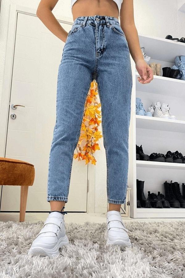 Kleshus Ganikus Yüksek Belli Mavi Mom Jeans - Kar Yıkamalı Yüksek Belli Likralı Boyfriend Kadın Kot Pantolon - Image 1