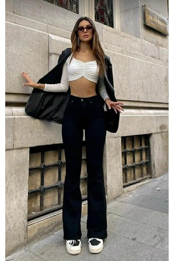 Mooishan JnsWrld Women Siyah Ispanyol Paça Kot Pantolon Yüksek Bel Ispanyol Jeans Jnsworld - Image 1