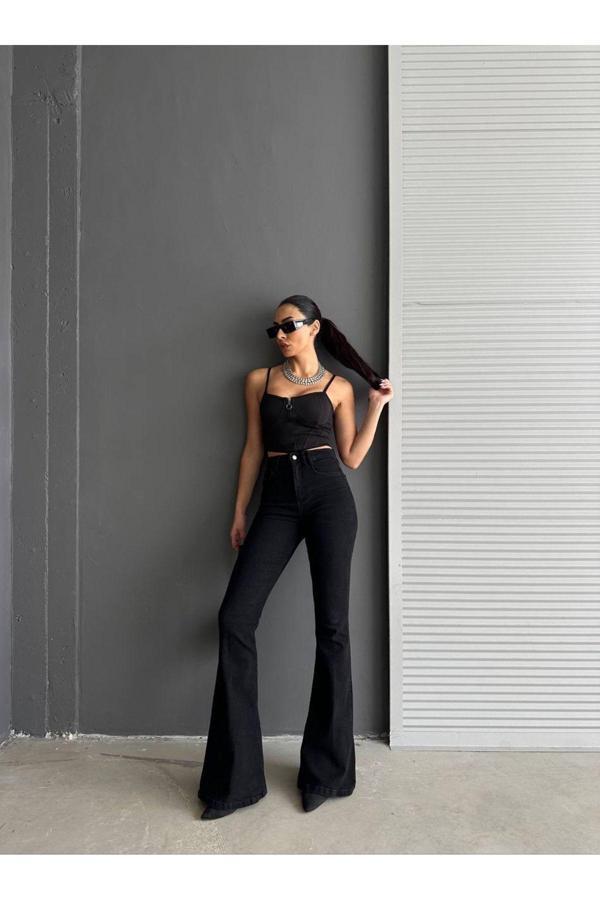 Kleshus Ganikus Siyah İspanyol Yüksek Bel Jean Flare Simsiyah Dört Mevsim - Image 1