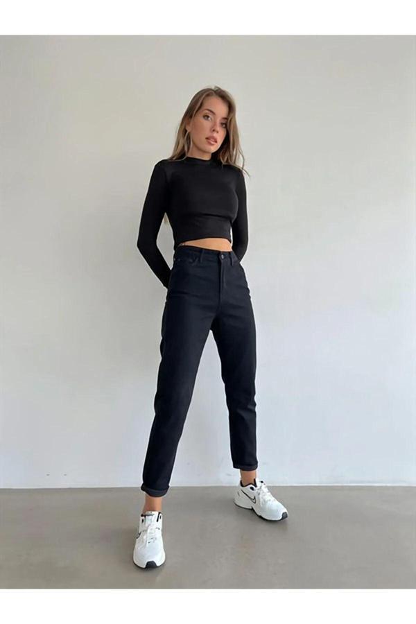 Kleshus Ganikus Yüksek Bel Likralı Siyah Boyfriend Jeans Esnek Mom Kot Pantolon ( 1 Beden Küçük Alın ) - Image 1