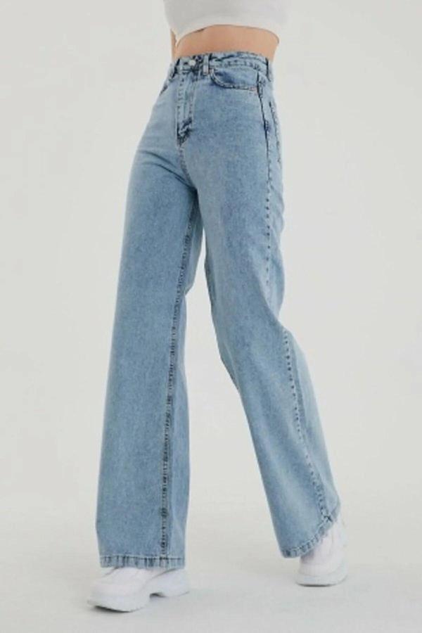 Mooishan Kadın Açık Mavi Kar Yıkama Yüksek Bel Comfort Likralı Bol Paça Denim Palazzo Kot Pantolon Jeans - Image 1