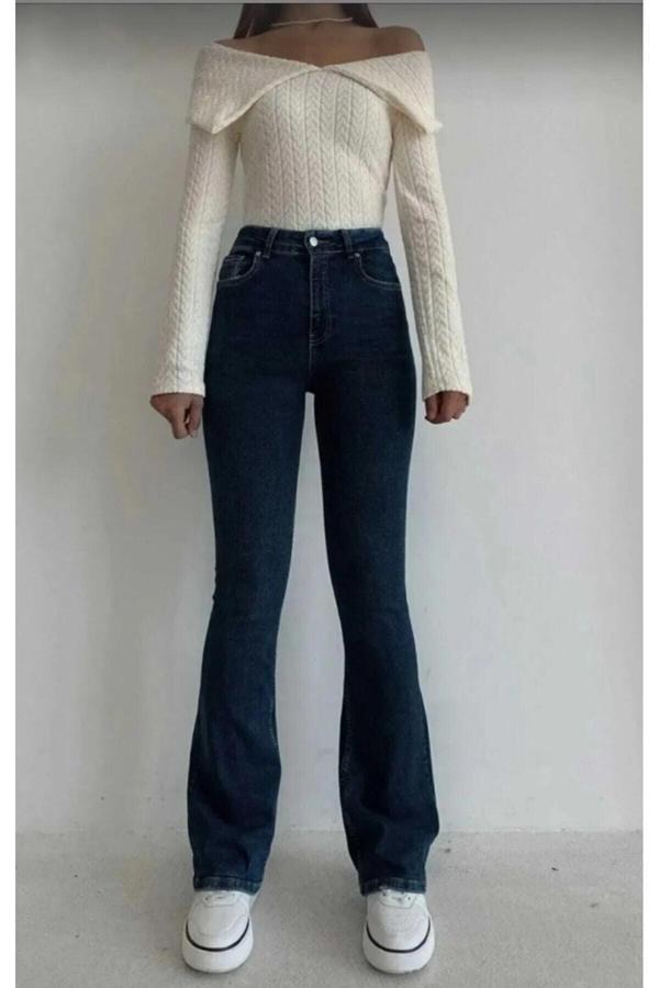 Mooishan Ispanyol Paça Lacivert Yüksek Bel Ispanyol Paça Comfort Likralı Kot Pantolon Jeans - Image 1