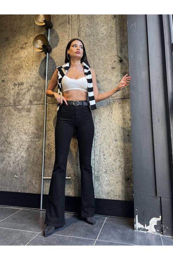 Mooishan Ispanyol Paça Jean Siyah Solmaz Ekstra Likra Yüksek Bel Uzun Bacak (TOPARLAYICI) - Image 1