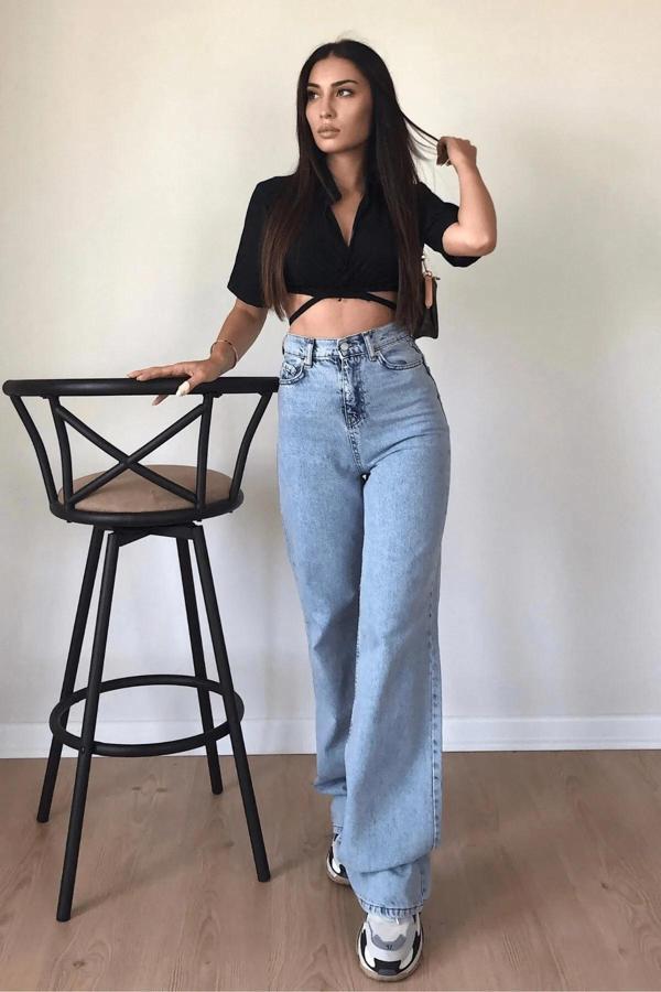 Mooishan Pamela Kadın Wide Leg Jeans Mavi Salaş Yüksek Bel Likralı Palazzo Kot Pantolon - Image 1
