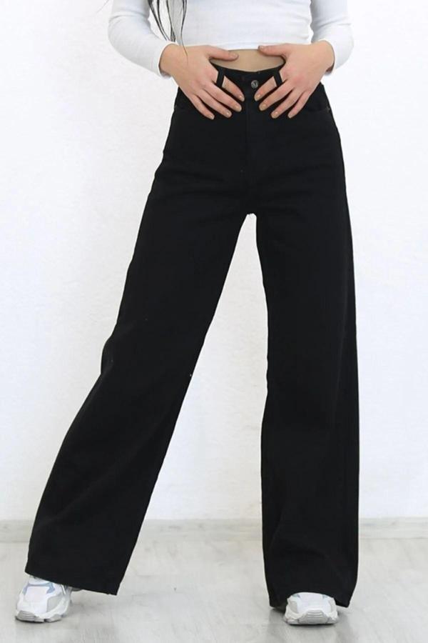 Mooishan Pamela Kadın Siyah Yüksek Bel Comfort Likralı Bol Paça Denim Palazzo Kot Pantolon - Image 1