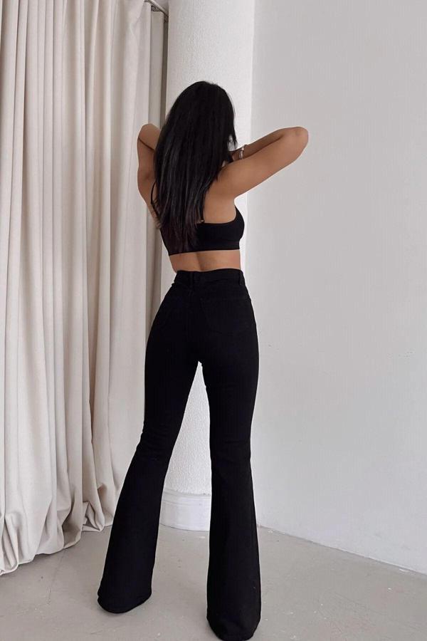 Mooishan Jnswrld Mia Siyah Kadın Rahat Kalıp İspanyol Paça Pantolon Siyah - Image 1