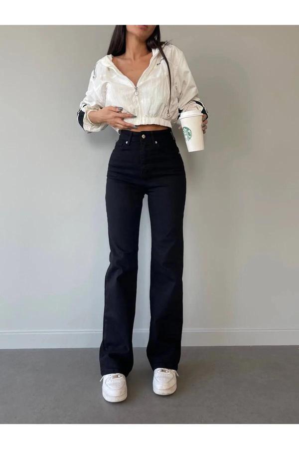 Mooishan Pamela Solmayan Siyah Kot Yüksek Bel Likralı Palazzo Bol Paça Jeans Kot Pantolon - Image 1