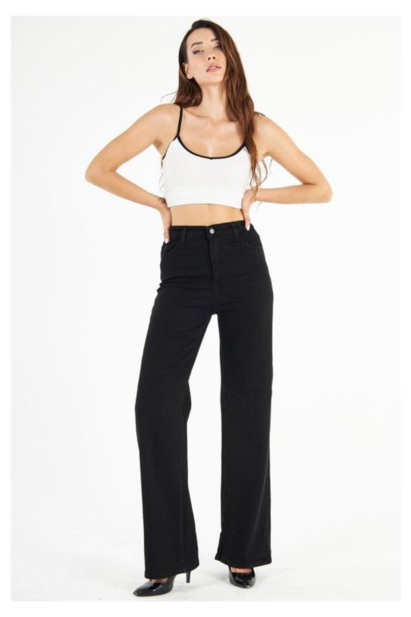 Mooishan Pamela Kadın Yüksek Bel Siyah Wide Leg Bol Paça Salaş Comfort Likralı Palazzo Jeans Pantolon - Image 1