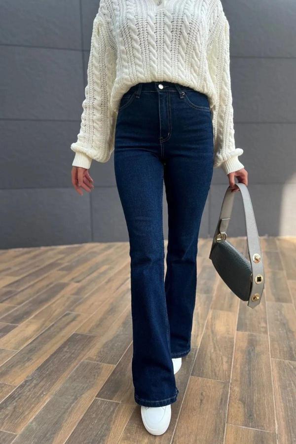 Kleshus Ganikus Lacivert Yüksek Bel Toparlayıcı İspanyol Paça Solmaz Jeans Pantolon - Image 1