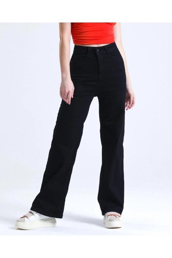 Mooishan Kadın 90's Wide Leg Solmayan Siyah Yüksek Bel Comfort Likralı Denim Palazzo Pantolon - Image 1
