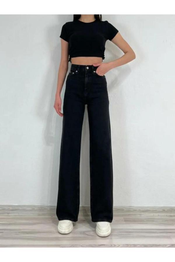 Mooishan Pamela Kadın 90's Wide Leg Jeans Siyah Salaş Yüksek Bel Likralı Palazzo Kot Pantolon - Image 1