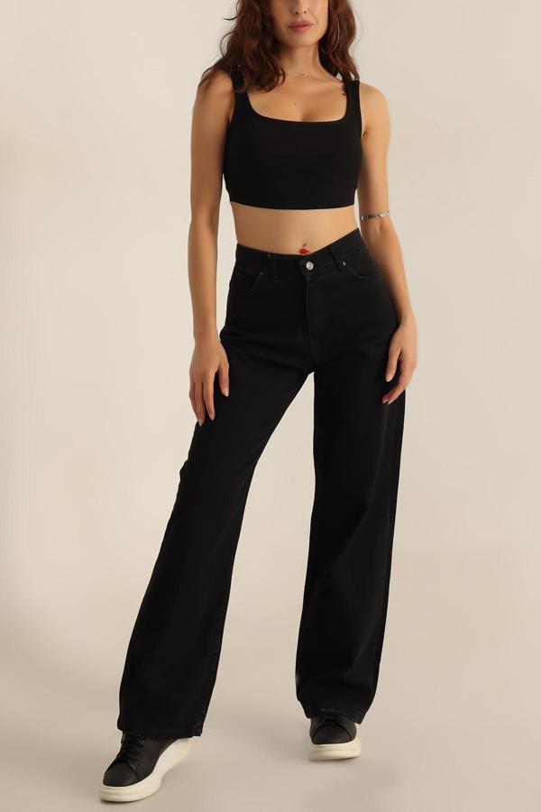 Mooishan Kadın Yüksek Bel Solmayan Siyah Wide Leg 90's Likralı Palazzo Jeans Pantolon - Image 1