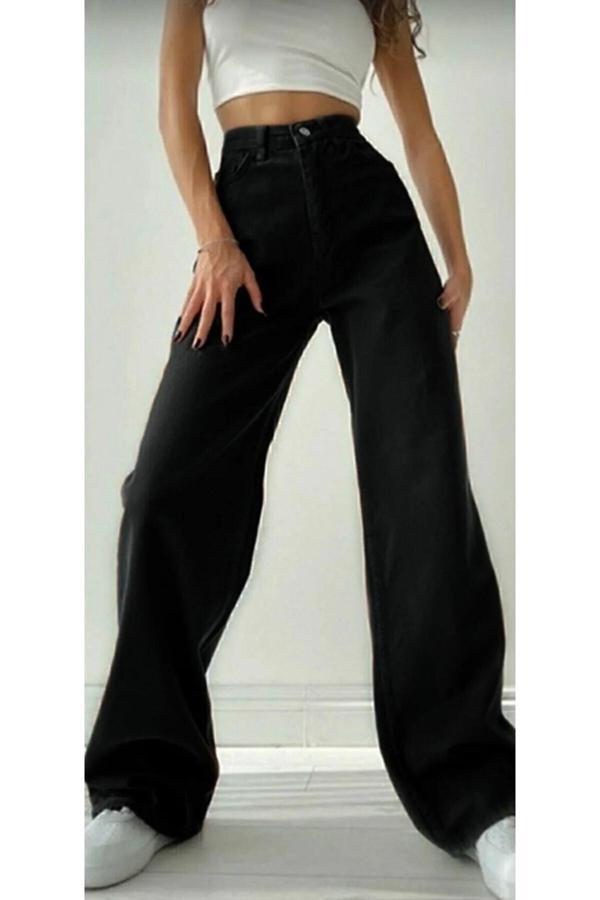 Kleshus Ganikus Jeans Kadın Solmayan Siyah Yüksek Bel Likralı Salaş Jeans Palazzo Pantolon - Image 1