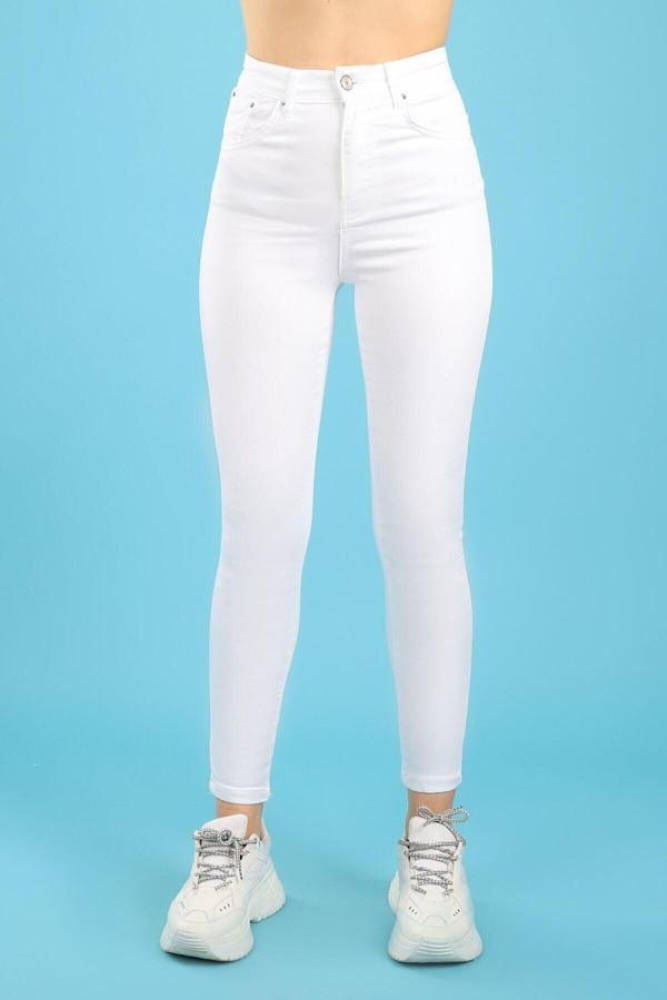 Kleshus Ganikus Kadın Kadın Basic Skinny Yüksel Bel Dar Paça Beyaz Jean Pantolon - Image 1