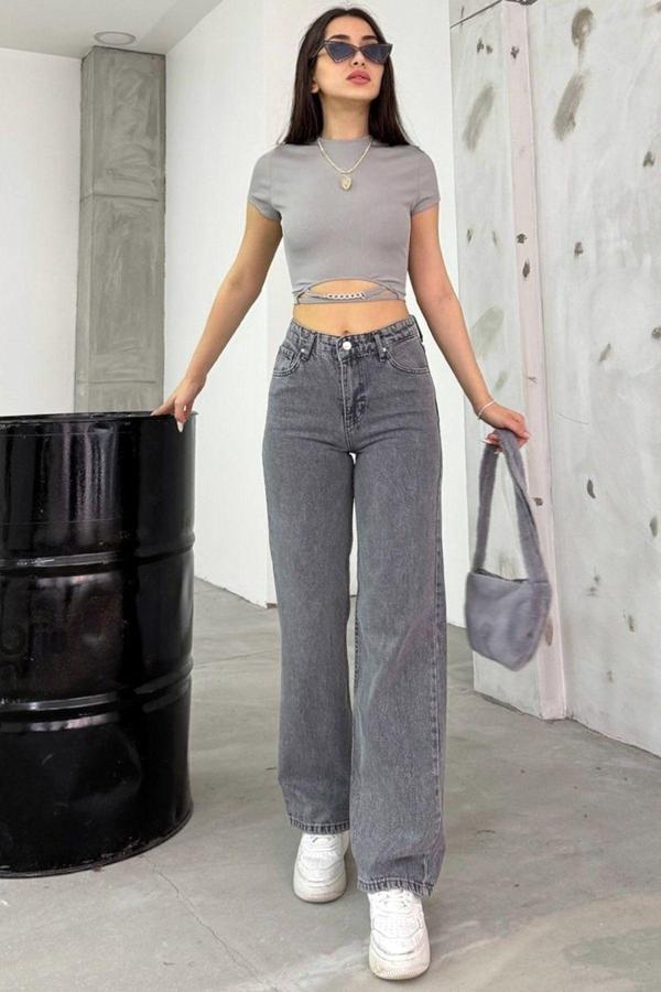 Mooishan Yıkamalı Yüksek Belli Cepli Geniş Paça Likralı Tarz Fermuar Kapamalı Palazzo Denim Jean Kot Pantolon - Image 1