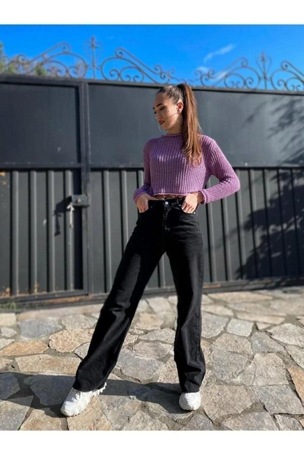 Kleshus Ganikus Pamela Jeans Kadın Solmayan Siyah Yüksek Bel Likralı Palazzo Kot Pantolon Jean - Image 1