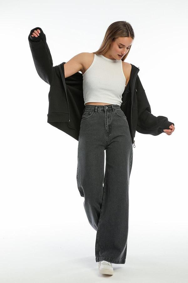 Kleshus Ganikus Füme Power Likralı Süper Yüksek Bel Salaş Jeans jeans Palazzo Pantolon - Image 1