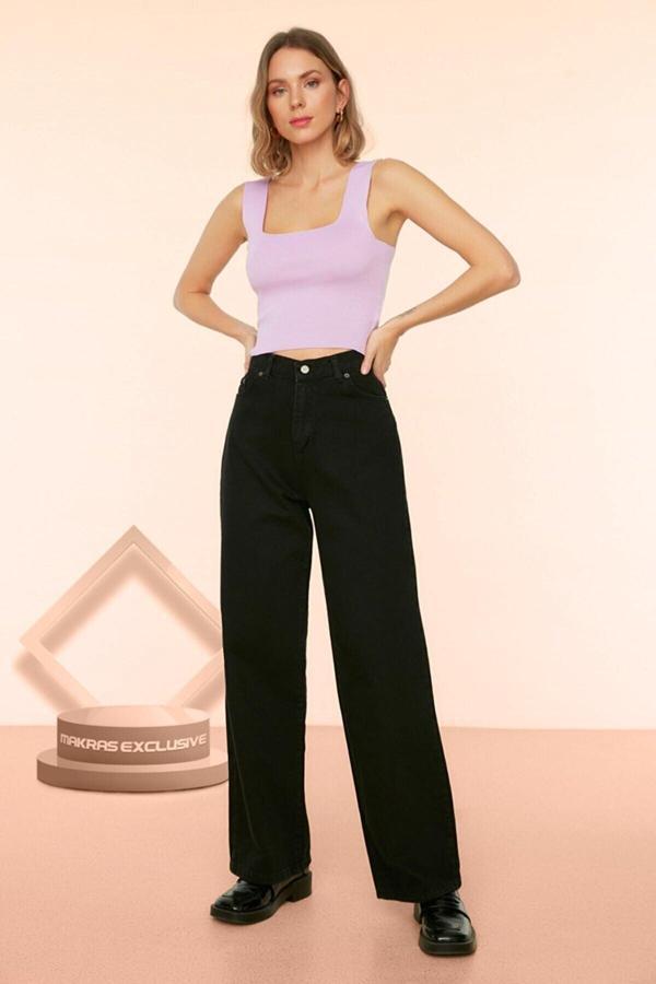 Mooishan Pamela 90's Solmayan Siyah Likralı Süper Yüksek Bel Salaş Jeans Palazzo Pantolon - Image 1