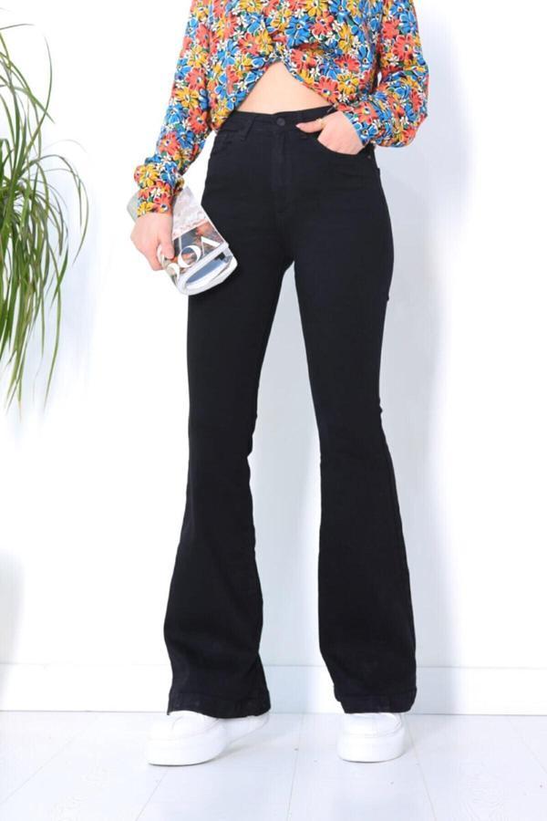 Mooishan Siyah Likralı Yüksek Bel Wide Leg İspanyol Jean Pantolon - Image 1