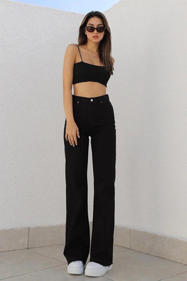 Mooishan Süper Yüksek Bel Wide Leg Jeans Likralı Salaş Paça Kot Pantolon Siyah Bol Paça - Image 1