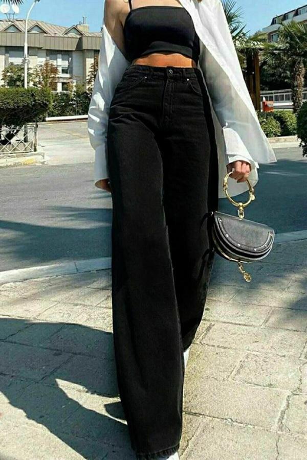 Mooishan Jeans Kadın Siyah Yüksek Bel Wide Leg Bol Paça Salaş Comfort Likralı Palazzo Jeans - Image 1