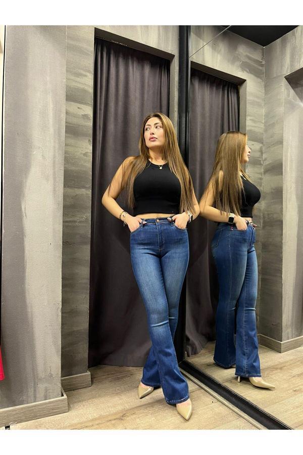 Kleshus Ganikus Lacivert Renk Yüksek Bel Ispanyol Paça Kot Pantolon - Image 1