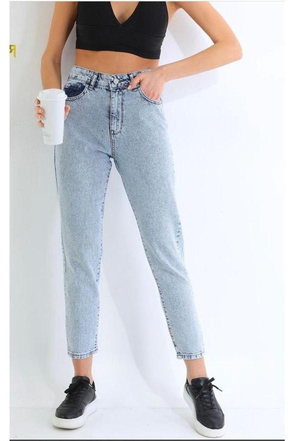 Mooishan Jnswrld Kadın Yüksek Bel Mavi Mom Jeans Likralı Kot Pantolon Jnswrld - Image 1