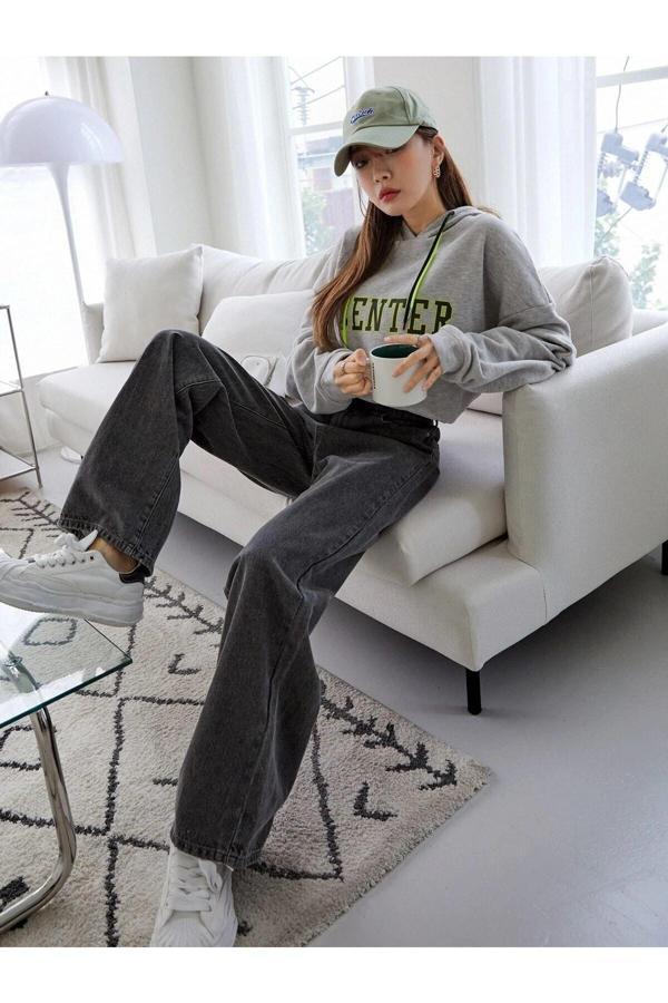 Kleshus Ganikus Jnswrld Likralı Kadın Füme Kar Yıkama Süper Yüksek Bel Salaş Paça Denim Kot Salaş Pantolon - Image 1