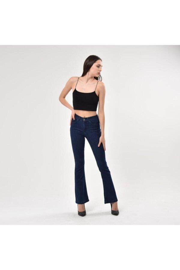 Mooishan JnsWrld Kadın Skinny Fit Yüksek Bel Ispanyol Paça-lacivert - Image 1