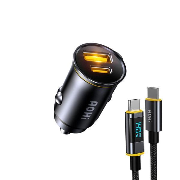 Aohi Superauto 2 Portlu PD 65W Araç İçi Şarjı, 140W LED Ekranlı Naylon Örgülü Süper Hızlı Şarj Kablo - Image 1