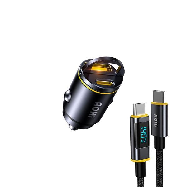 Aohi Superauto 2 Portlu PD 45W Araç İçi Şarjı, 140W LED Ekranlı Naylon Örgülü Süper Hızlı Şarj Kablo - Image 1