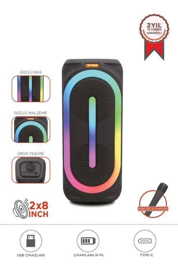 Torima D63 2x8’’ 50 W Güçlü Bass RGB Işıklı Kablosuz Mikrofonlu Bluetooth Hoparlör Speaker - Image 1