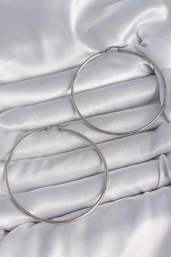 316 Çelik Gümüş Renk 63 mm Halka Model Kadın Küpe - Image 1