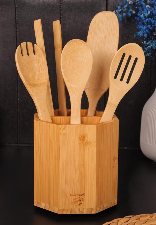 Bambum 6 Parça Mutfak Gereçleri Seti – Çokgen Kaşıklık Standlı Spatula ve Servis Kaşıkları - Image 1