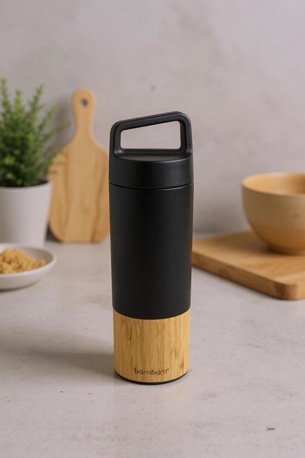 Bambum Janna - Bambu Desenli El Termosu Siyah 600ml - Image 1