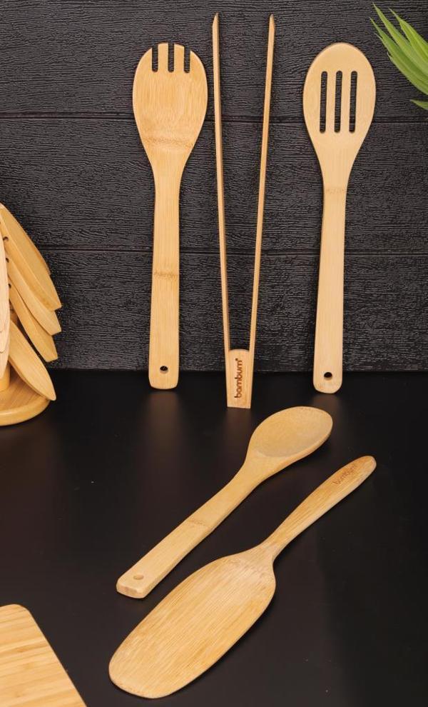 Bambum 5 Parça Bambu Mutfak Gereçleri Seti – Spatula, Servis Kaşığı ve Maşa - Image 1